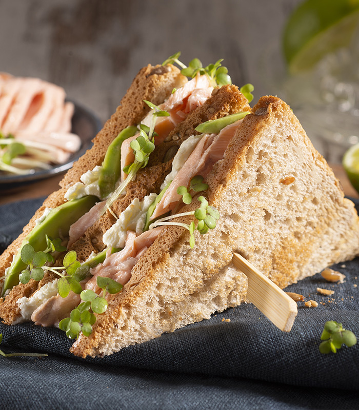 Salmon and watercress club sandwich